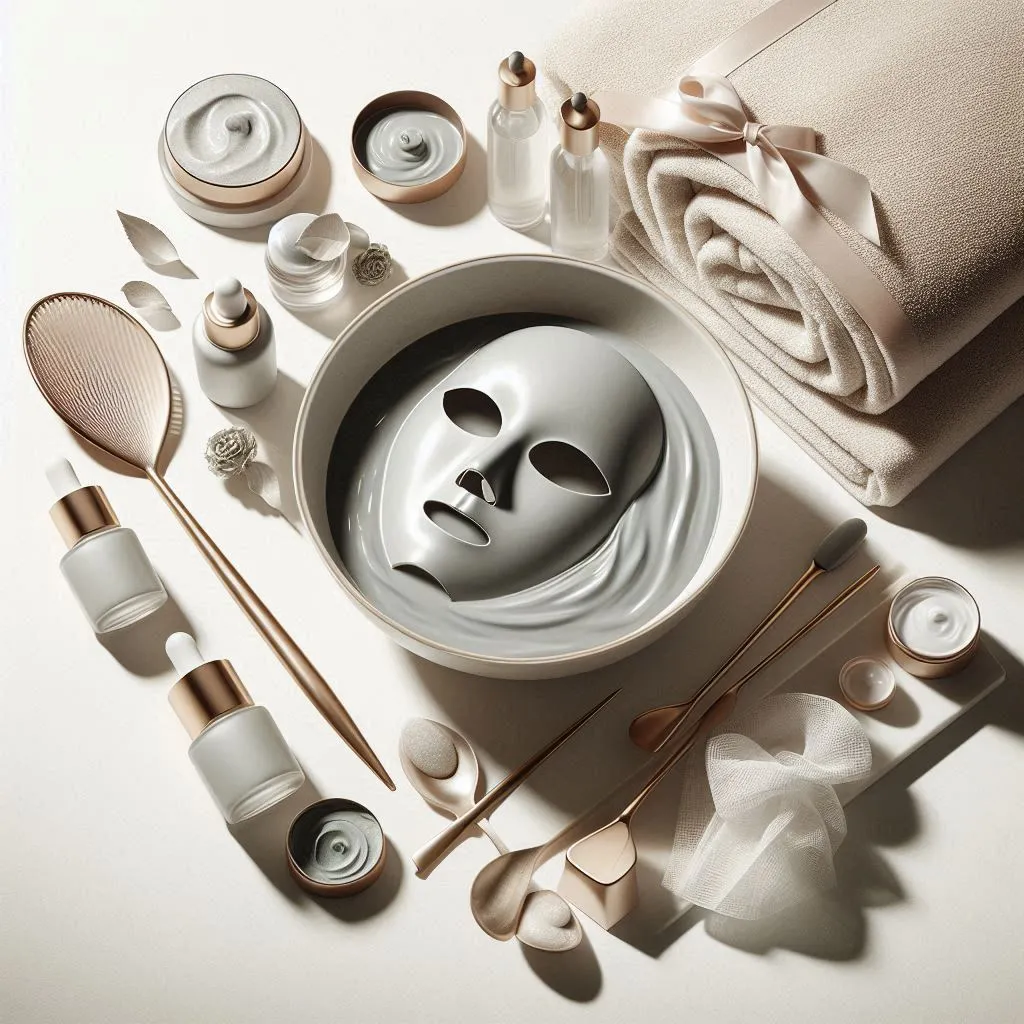 Skincare flat lay featuring facial mask and beauty tools