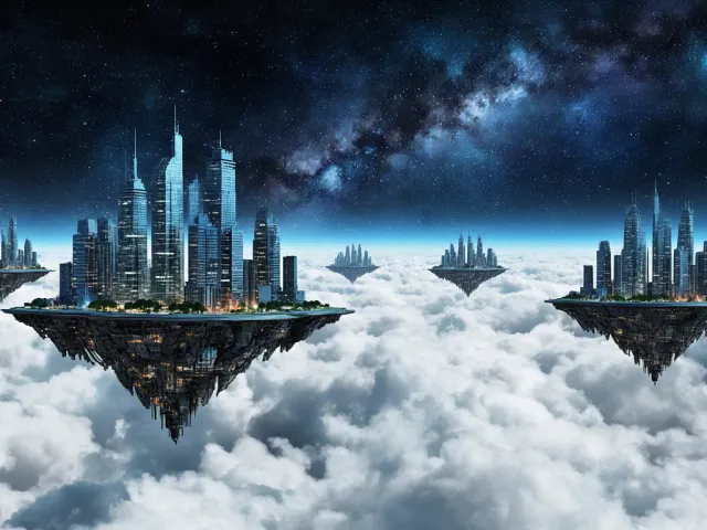 Sci-fi illustration of illuminated cities floating above the clouds