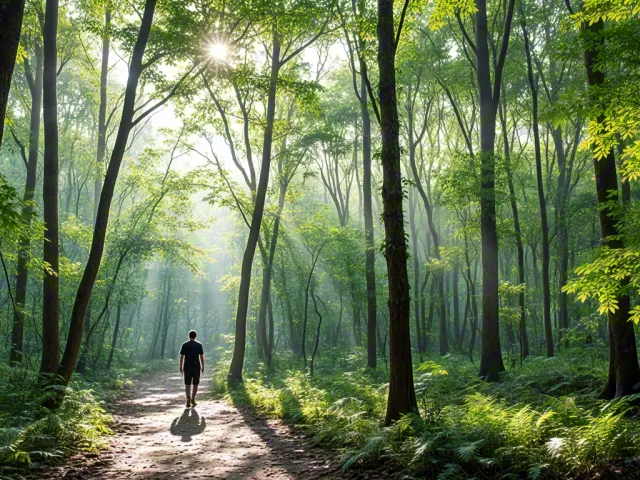 Person walking through peaceful forest path with soft sunlight