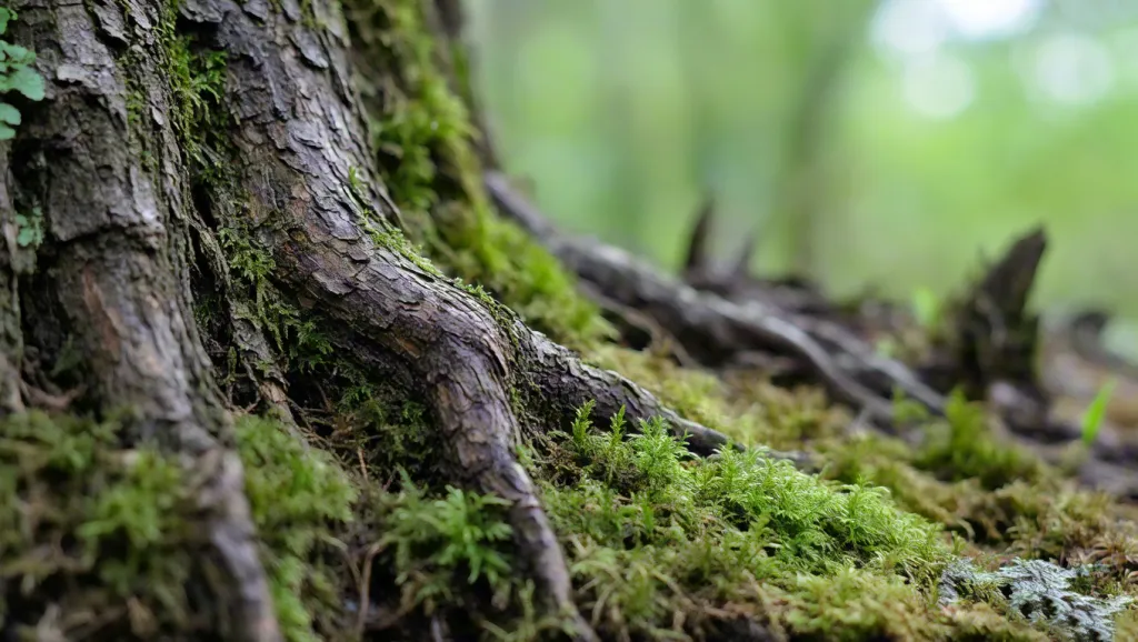 Moss-covered tree roots in a lush forest environment