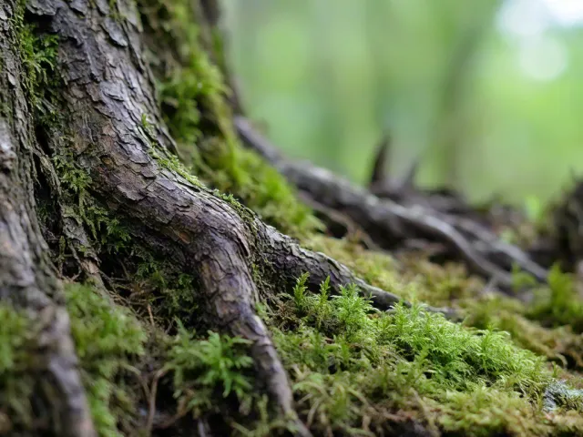 Moss-covered tree roots in a lush forest environment