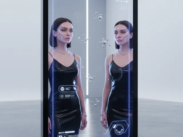 Woman viewing her digital reflection with augmented-reality beauty overlay