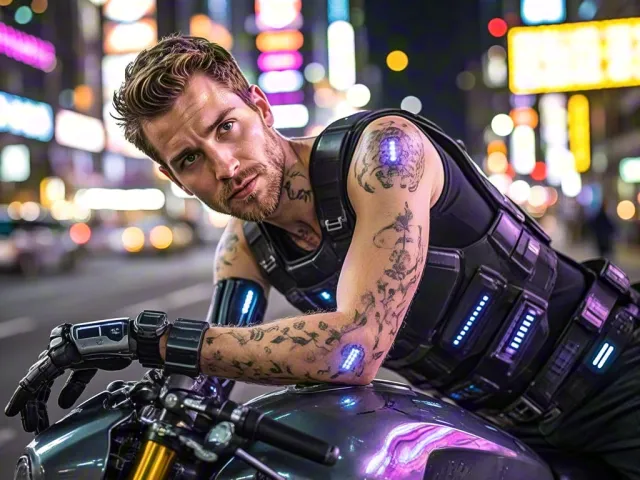 Futuristic biker with cyberpunk style motorcycle in neon city at night
