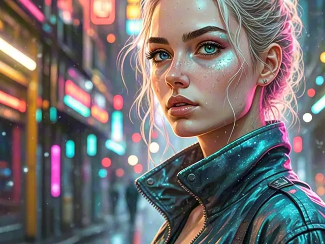Stylish young woman under blue and pink neon in futuristic city street
