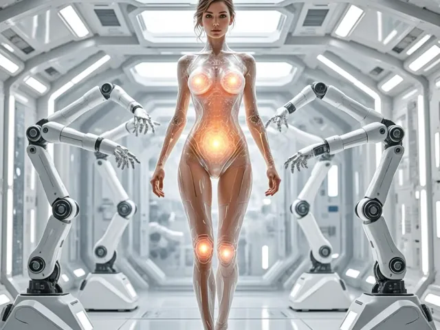 Futuristic female android standing in advanced sci-fi laboratory corridor