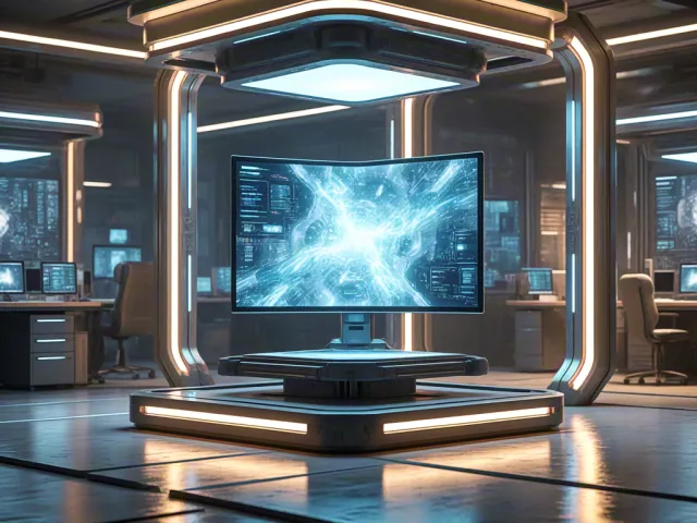 Sci-fi interior with holographic screens and glowing technology