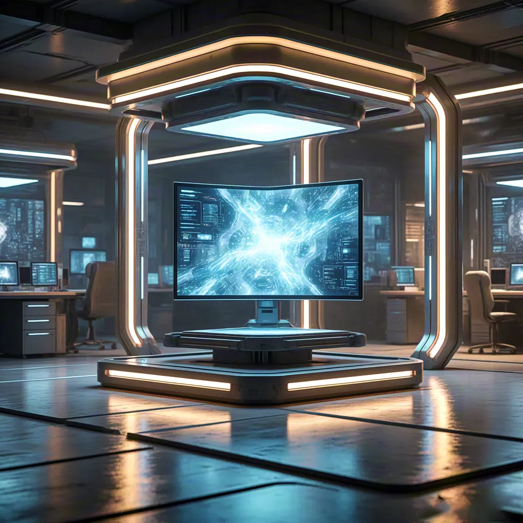 Sci-fi interior with holographic screens and glowing technology