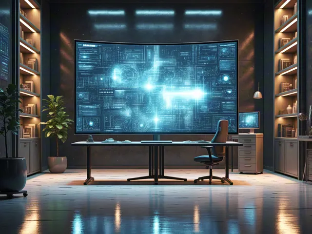 Sci-fi control room featuring hologram screens and advanced technology