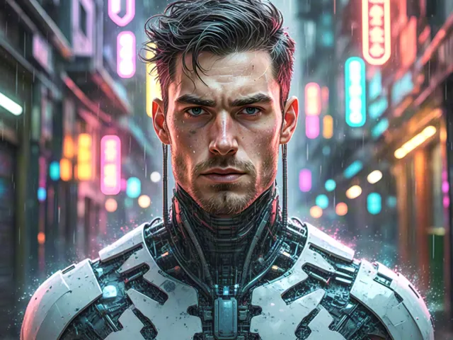Cyberpunk male character wearing futuristic armor in neon-lit city