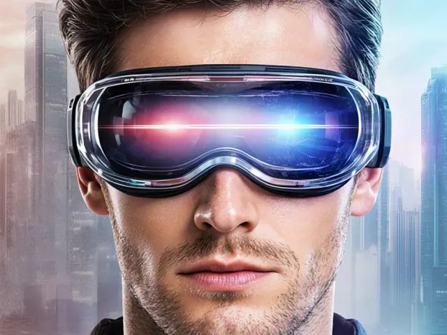 Young man with glowing virtual reality headset in sci-fi environment