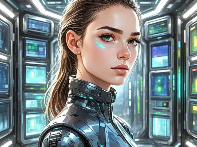 Sci-fi portrait of woman surrounded by glowing digital panels in futuristic chamber
