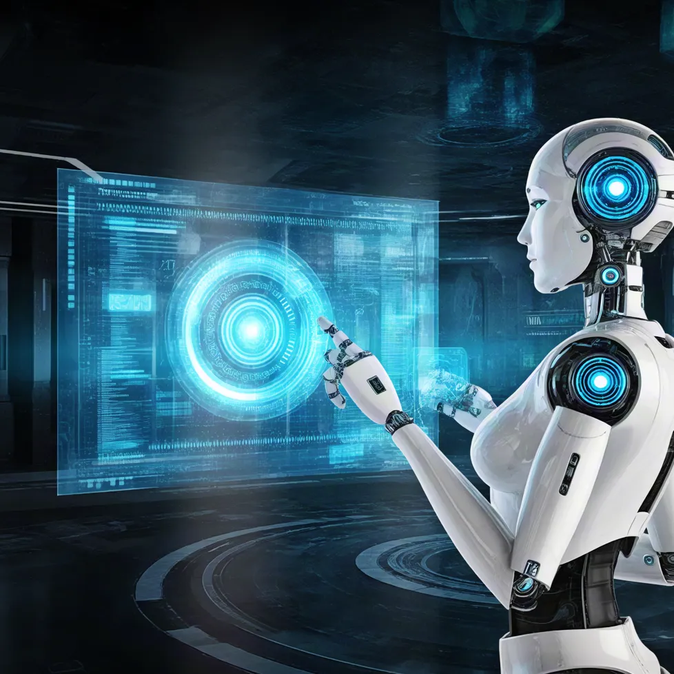 Futuristic Robot Operating Holographic Interface