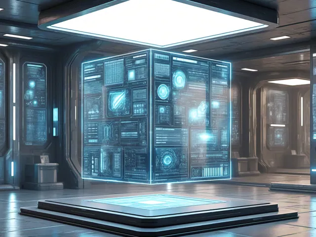 Futuristic data center room with glowing servers and sci-fi atmosphere
