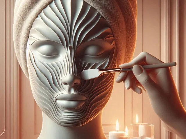 Woman wearing a sculpted futuristic facial mask in a warm spa setting with glowing ambient light.