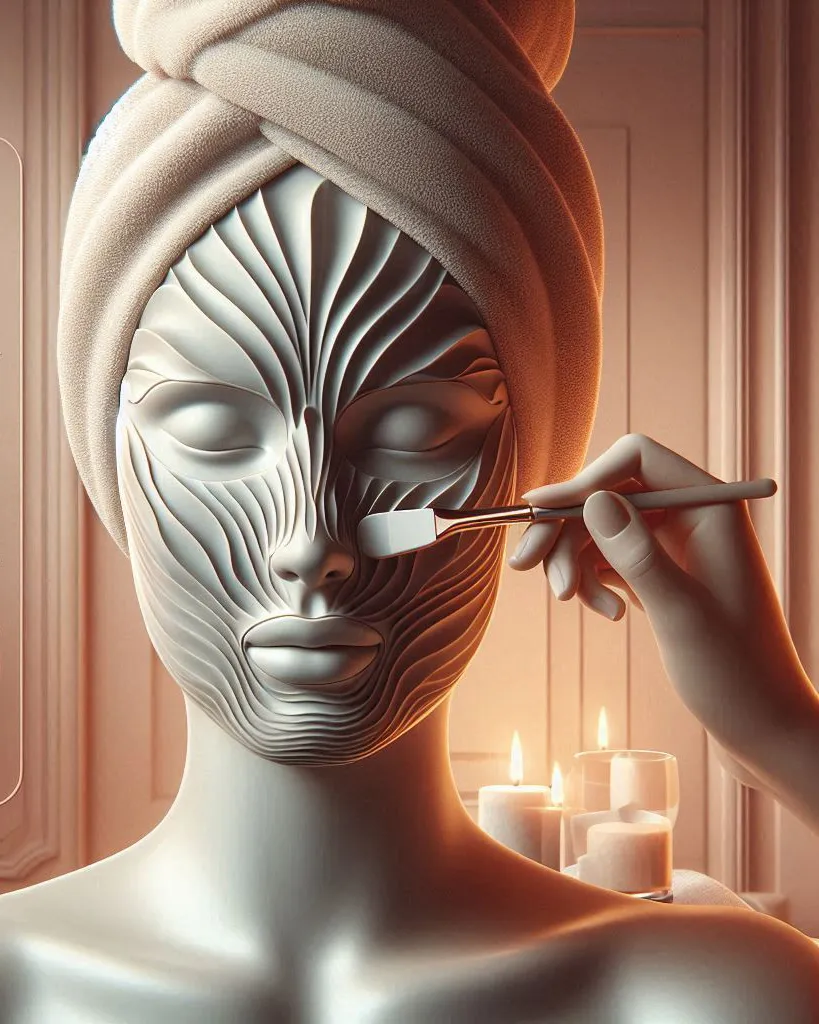 Woman wearing a sculpted futuristic facial mask in a warm spa setting with glowing ambient light.