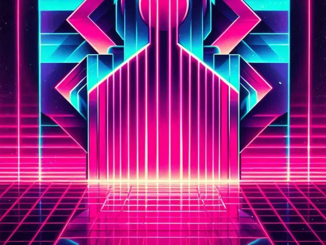 Neon silhouette inside glowing geometric portal in retro-futuristic style