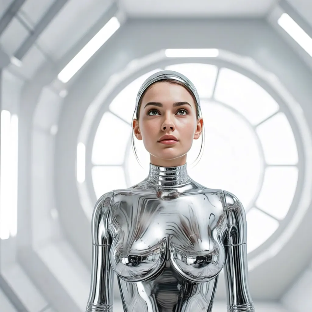 Futuristic Woman in Metallic Silver Suit