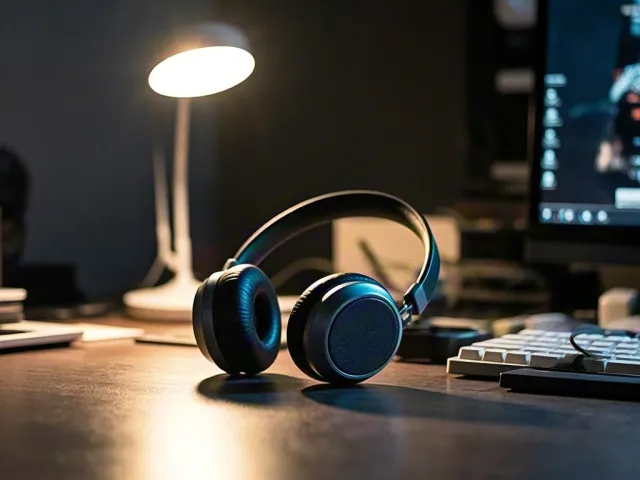 Headphones resting on gaming desk with warm lighting and computer monitor