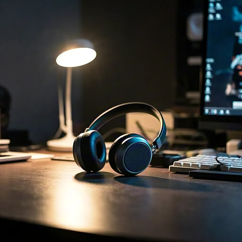 Gaming Desk Setup With Headphones and Lamp