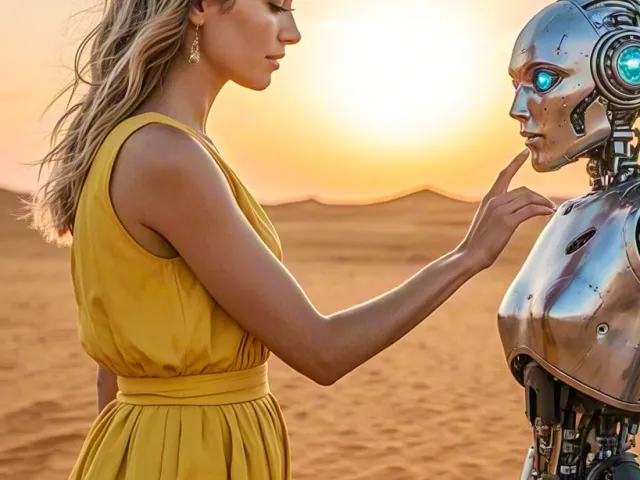 Woman gently touching a humanoid robot at golden-hour desert scene