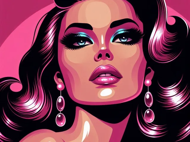 Colorful pop-art portrait of a woman with glossy lips and voluminous hair.