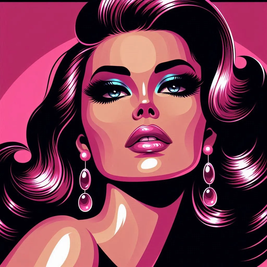 Colorful pop-art portrait of a woman with glossy lips and voluminous hair.