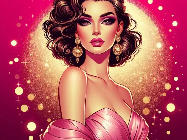 Elegant retro-style woman in pink dress with glowing sparkles