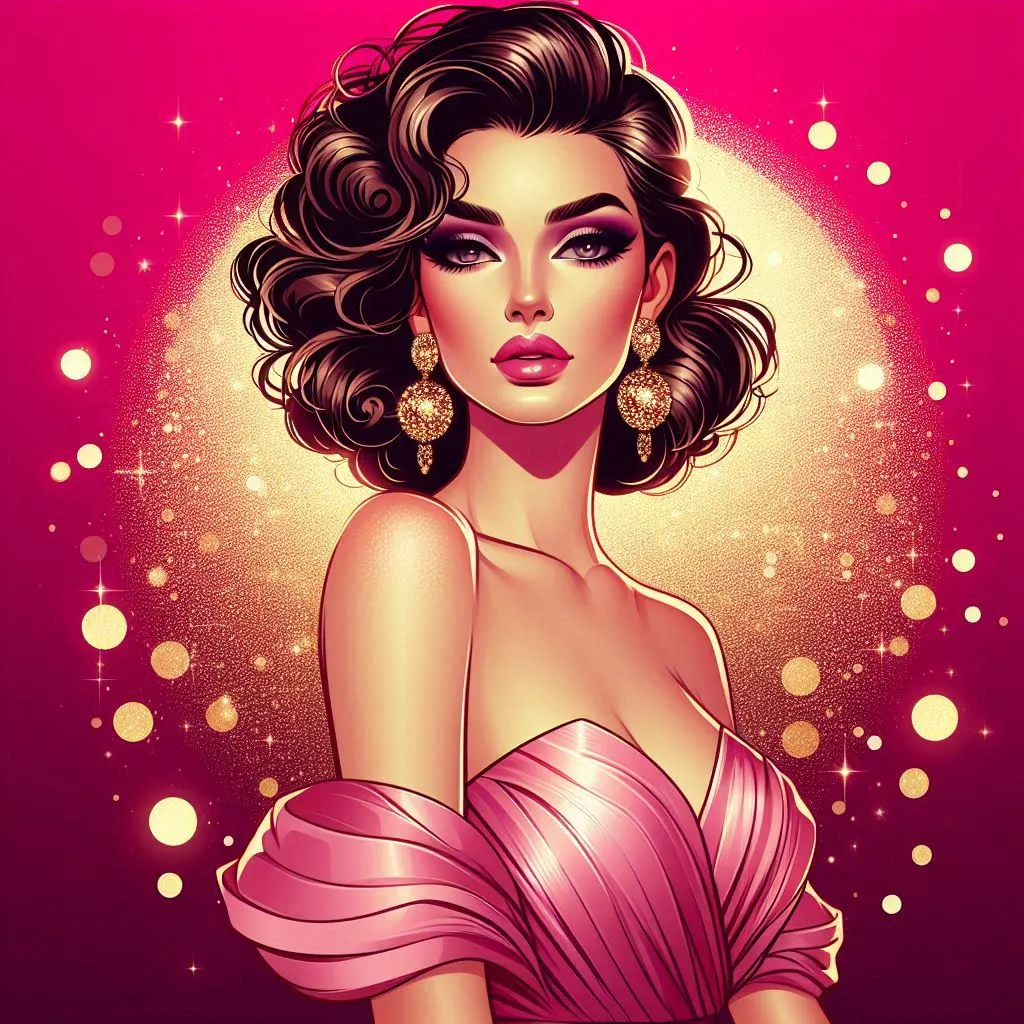Elegant retro-style woman in pink dress with glowing sparkles