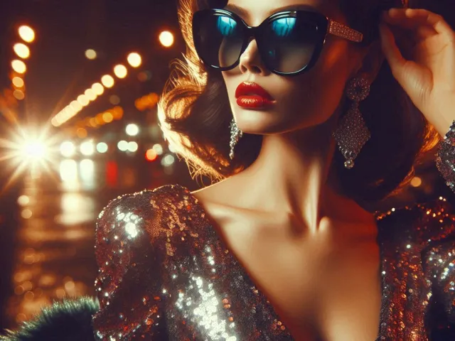 Fashion model posing under cinematic neon street lights