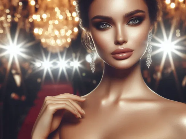 Elegant glamour portrait of woman with flawless makeup and golden bokeh lights