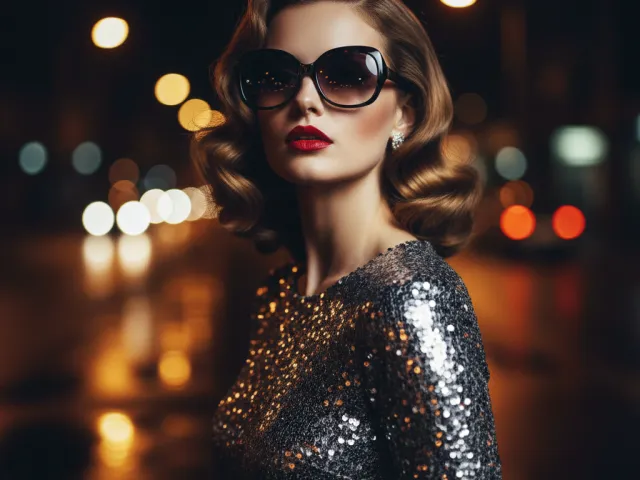 Elegant woman in sequin dress posing with cinematic bokeh background