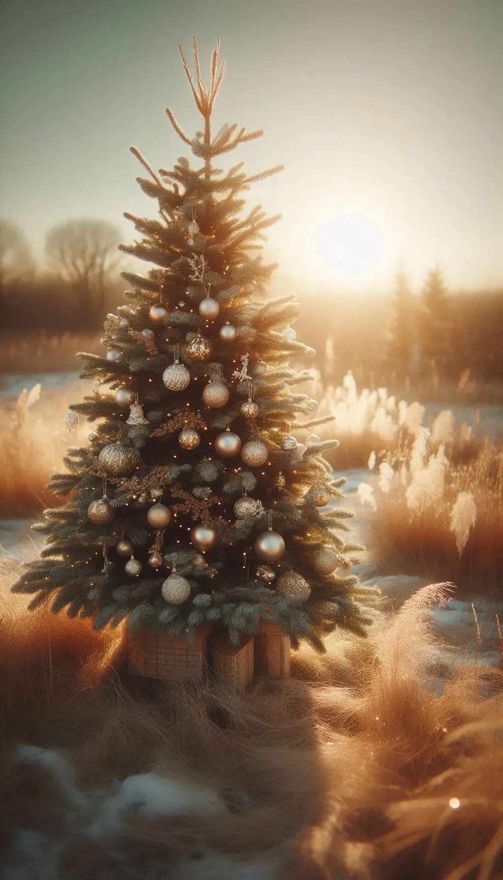 Festive Christmas tree glowing in snowy field at sunset