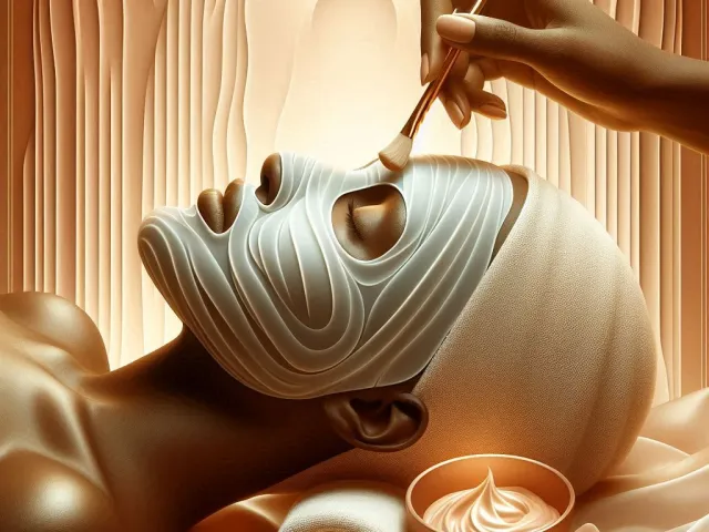 Artistic golden-toned facial treatment scene in luxury spa atmosphere