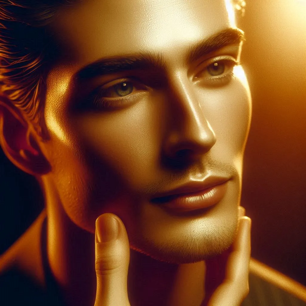 Stylized male beauty portrait with golden cinematic lighting