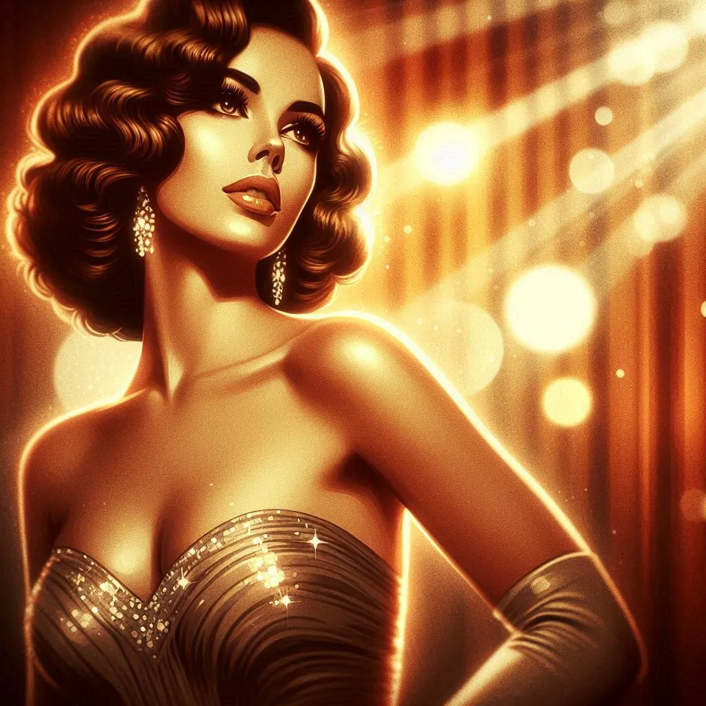 Vintage-inspired portrait of a glamorous woman surrounded by warm golden cinematic lighting.