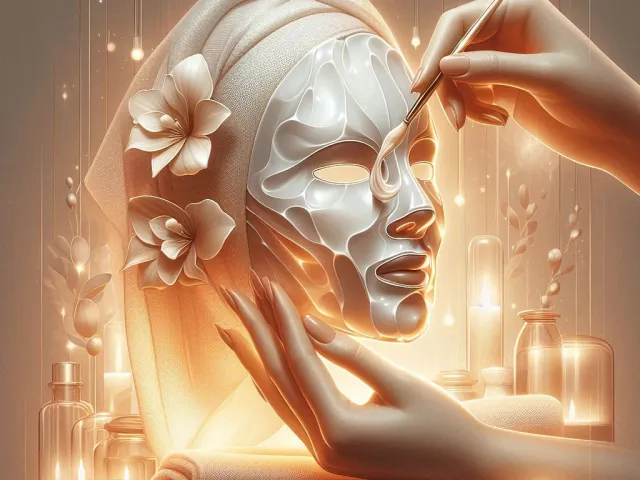 Artistic scene of a golden sculpture applying a luxury spa facial mask.