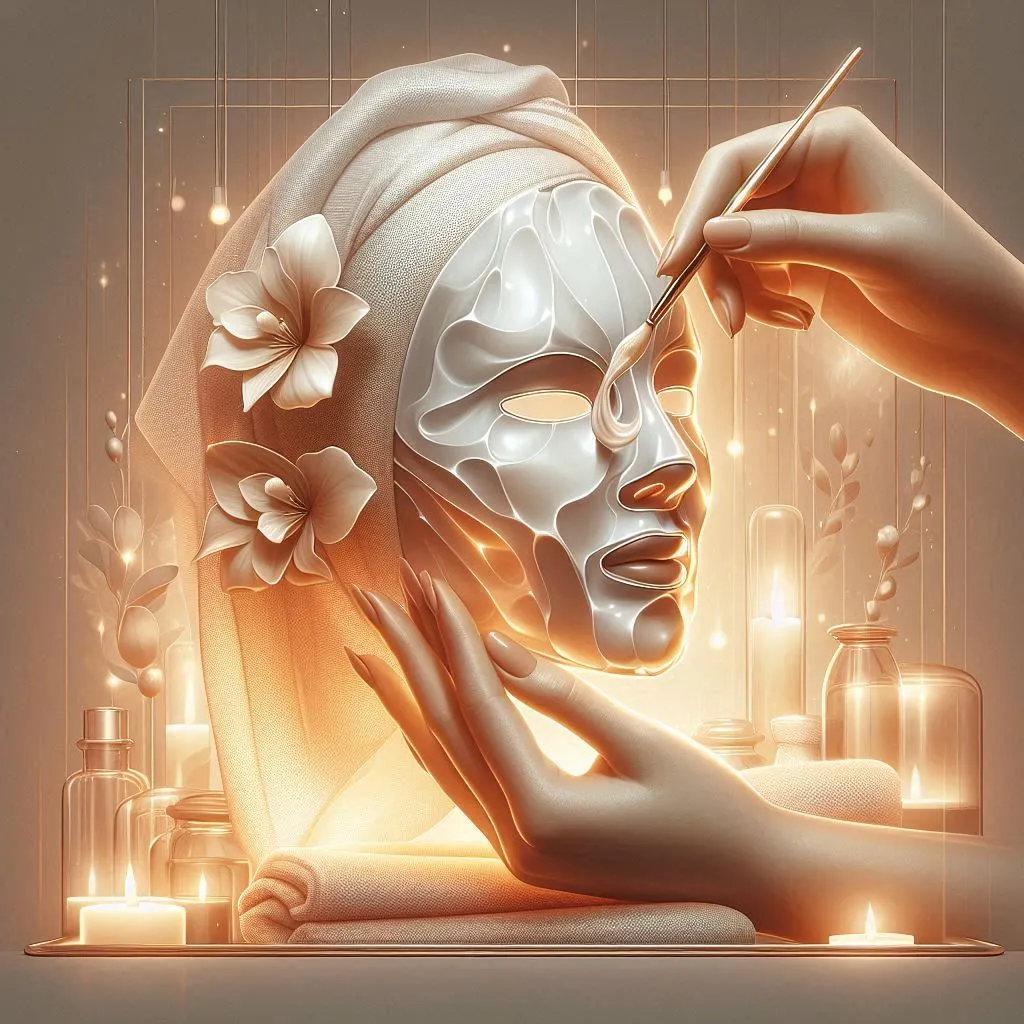 Artistic scene of a golden sculpture applying a luxury spa facial mask.