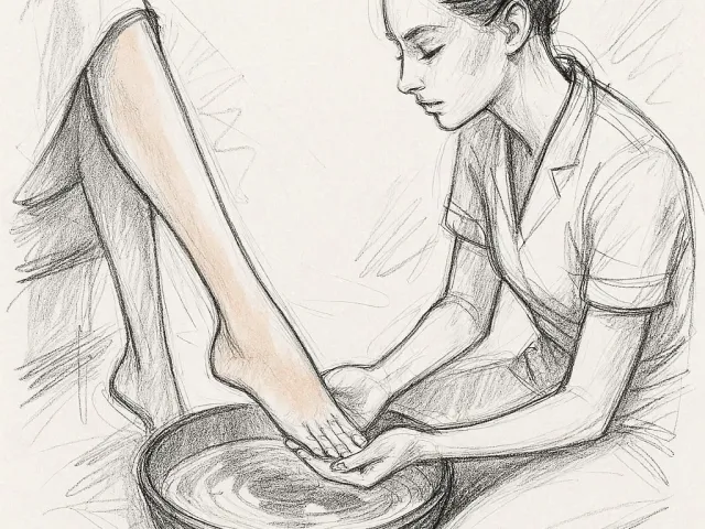 Pencil sketch of woman performing a relaxing foot bath pedicure