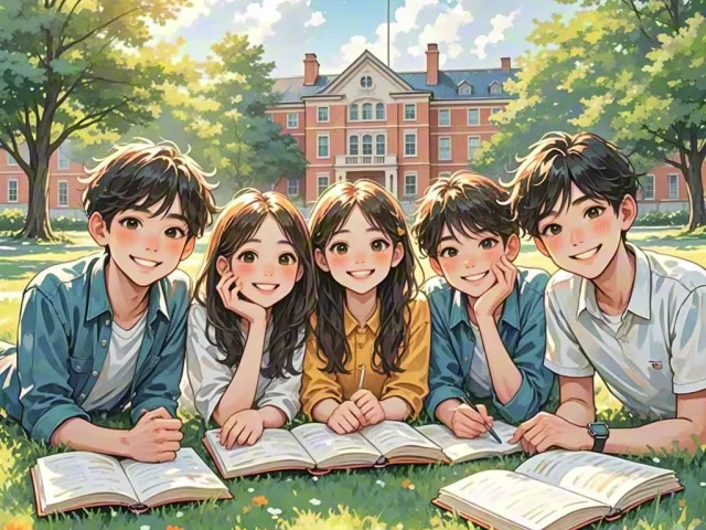 Wholesome illustration of smiling kids reading books outside school