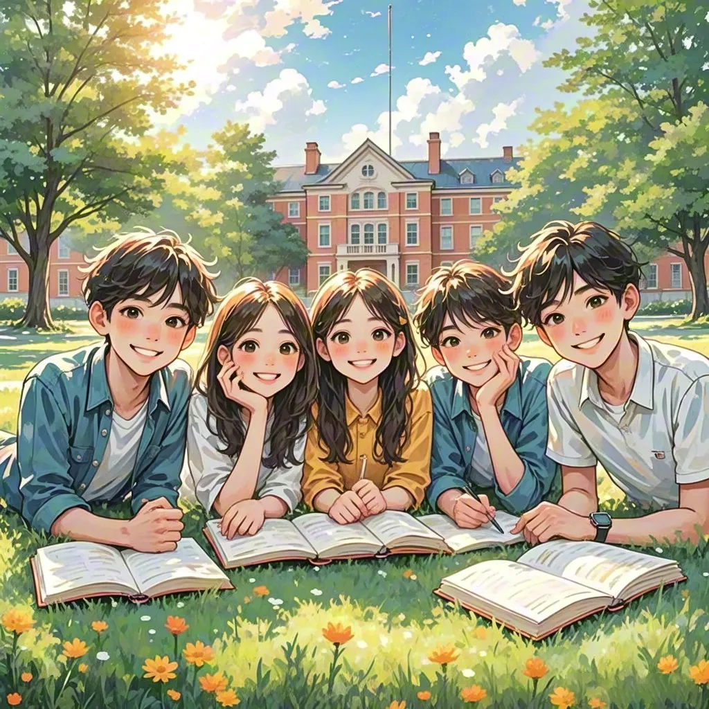 Wholesome illustration of smiling kids reading books outside school
