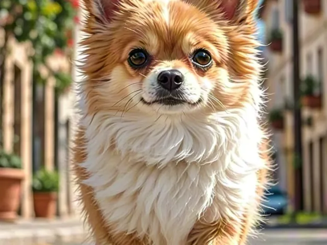 Cheerful Pomeranian dog running along a bright city street with houses and trees in the background.