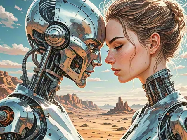 Emotional sci-fi scene of woman touching foreheads with humanoid robot