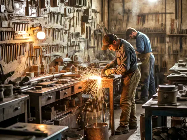 Craftsman working in industrial workshop surrounded by tools and machinery