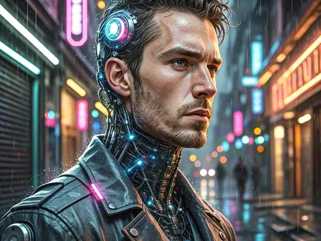 Close-up of man in futuristic cyberpunk alleyway with purple lights