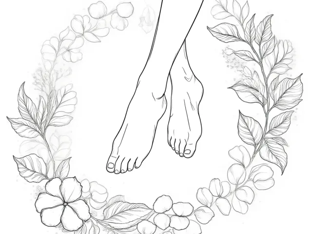 Minimal line art illustration of feet framed by floral wreath