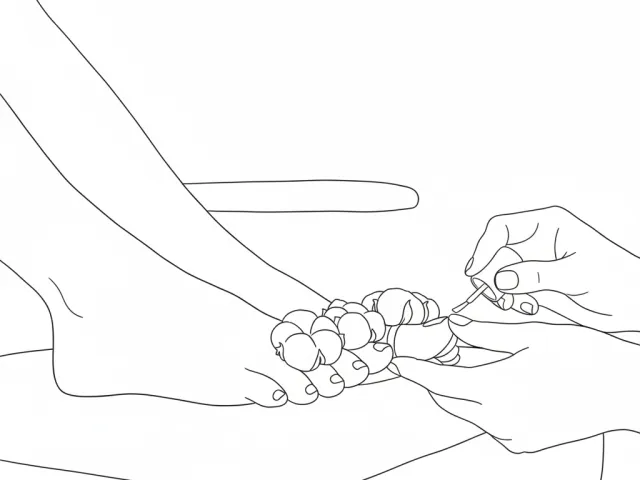 Minimal line drawing of hands performing pedicure on woman’s feet