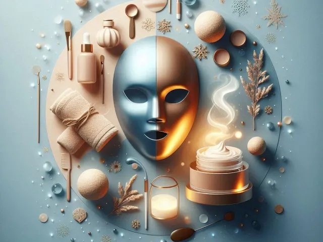 Artistic composition of skincare mask, cosmetics, and golden decorative elements