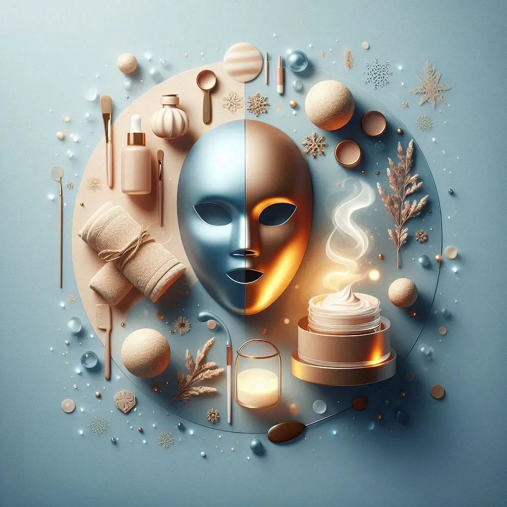 Artistic composition of skincare mask, cosmetics, and golden decorative elements