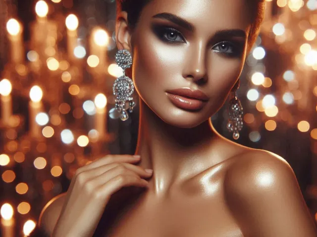 Elegant luxury beauty portrait with dramatic lighting and sparkling background