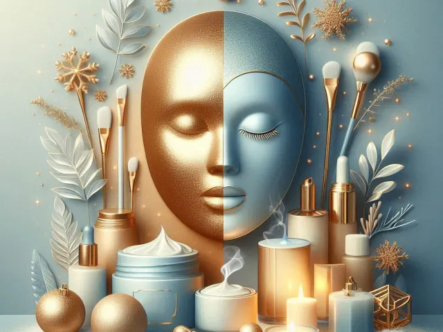 Artistic composition of skincare mask with beauty products in gold and silver tones